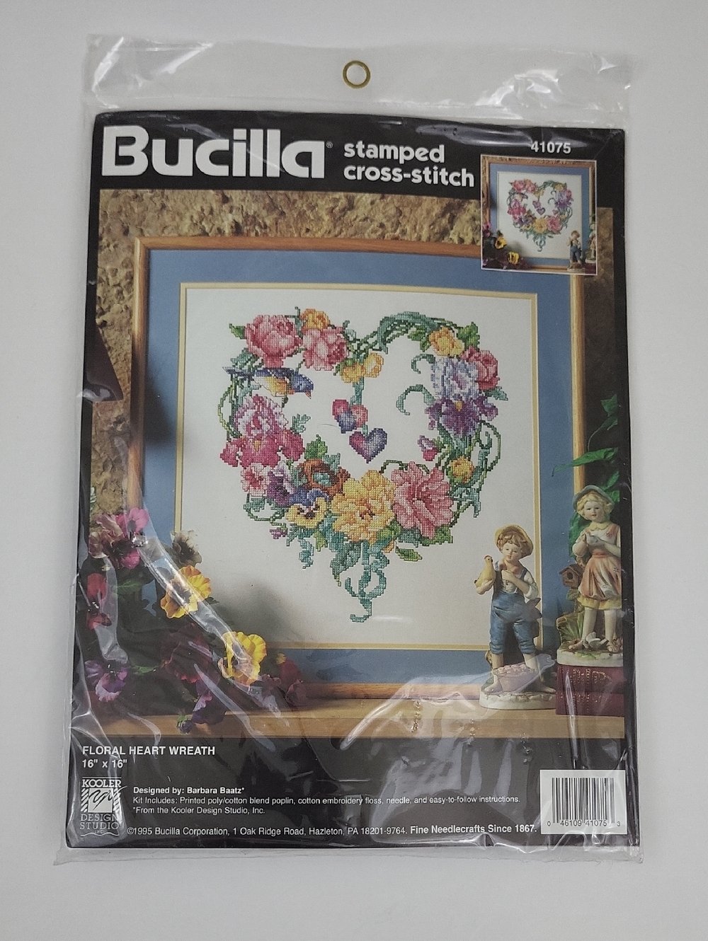 New Bucilla 41075 Floral Heart Wreath stamped cross stitch kit from 1995